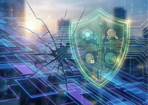 A futuristic digital illustration of a glowing shield protecting a city from a fractured, glitching reality. The shield blocks the chaos on the left, keeping the right side stable and secure.