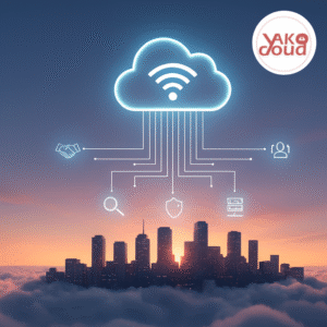 A glowing blue cloud icon with a Wi-Fi symbol sits above a silhouette of a city skyline, which emerges from a soft bed of white and pink clouds at sunset. Digital lines connect the cloud to various icons representing business, security, and data.