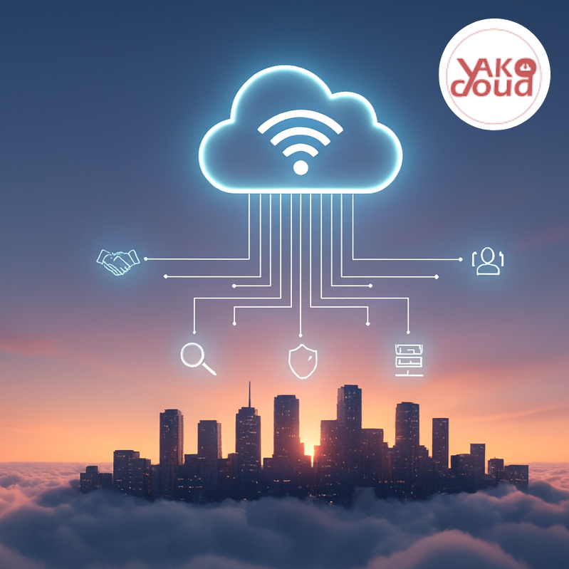 A glowing blue cloud icon with a Wi-Fi symbol sits above a silhouette of a city skyline, which emerges from a soft bed of white and pink clouds at sunset. Digital lines connect the cloud to various icons representing business, security, and data.