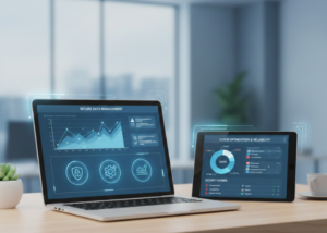 A laptop and tablet on a wooden desk displaying blue digital cloud governance dashboards with graphs and security icons in a clean, professional office setting.