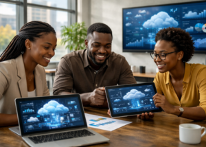 Three African business professionals collaborating in a modern 2026 office, using laptops and a tablet to analyze cloud and AI data on a large screen, illustrating tech giants’ strategic moves in cloud computing and artificial intelligence.