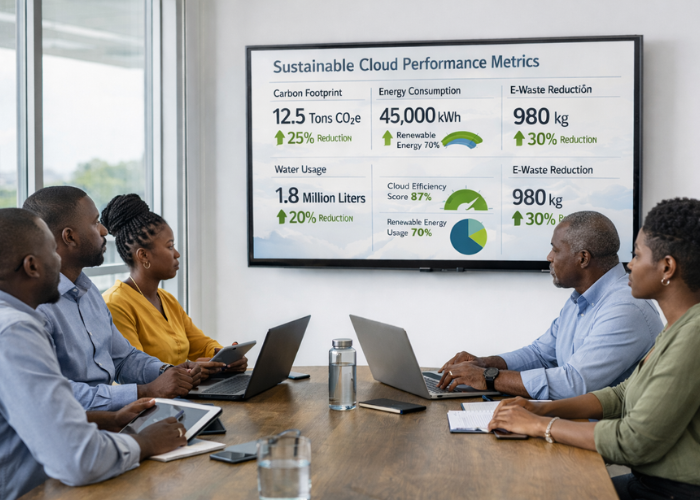 Team analyzing sustainable cloud metrics, highlighting the impact of green hosting on business efficiency and brand value.