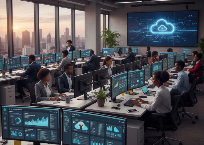 African IT specialists seated at desks in a modern office, monitoring cloud infrastructure data on multiple computer screens