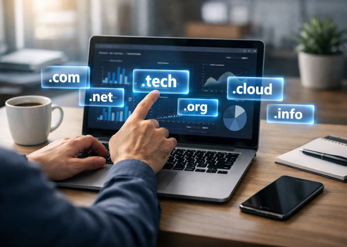 Person working on a laptop with holographic domain extensions (.com, .tech, .cloud) above the screen in a modern workspace.