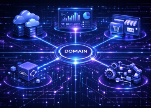 Digital ecosystems for businesses concept showing domain connected to cloud services and digital platforms.