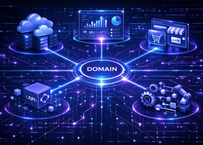 Digital ecosystems for businesses concept showing domain connected to cloud services and digital platforms.